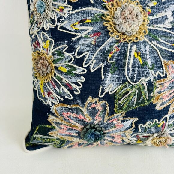 Pier 1 Imports Embroidered Floral Throw Pillow Boho Removable Cover Blue Decor - Picture 3 of 8